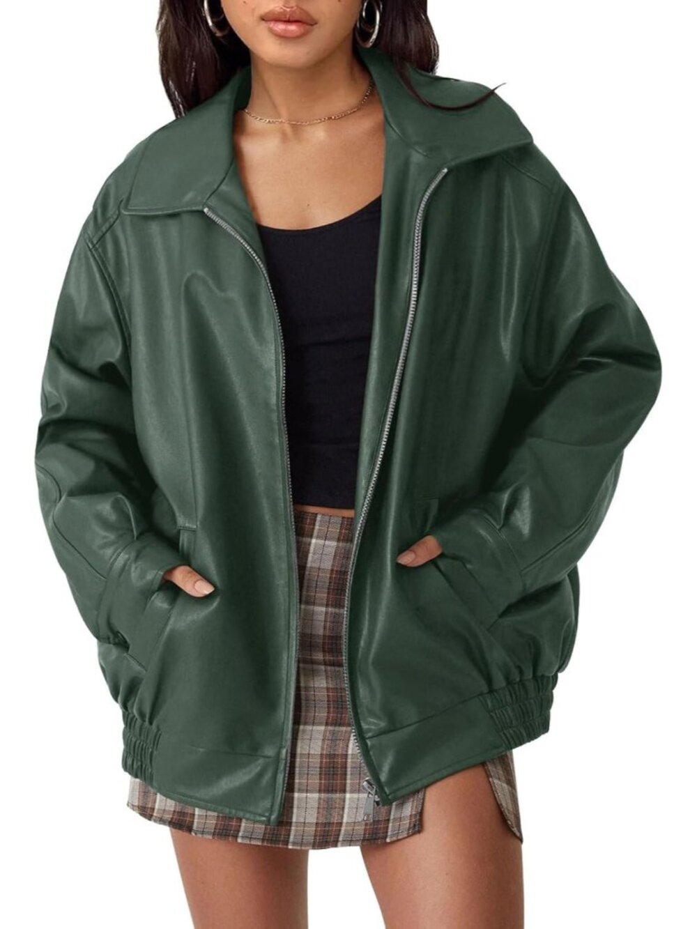 Women's Green Oversized Faux Leather Winter Medium Weight Fall Bomber Jackets